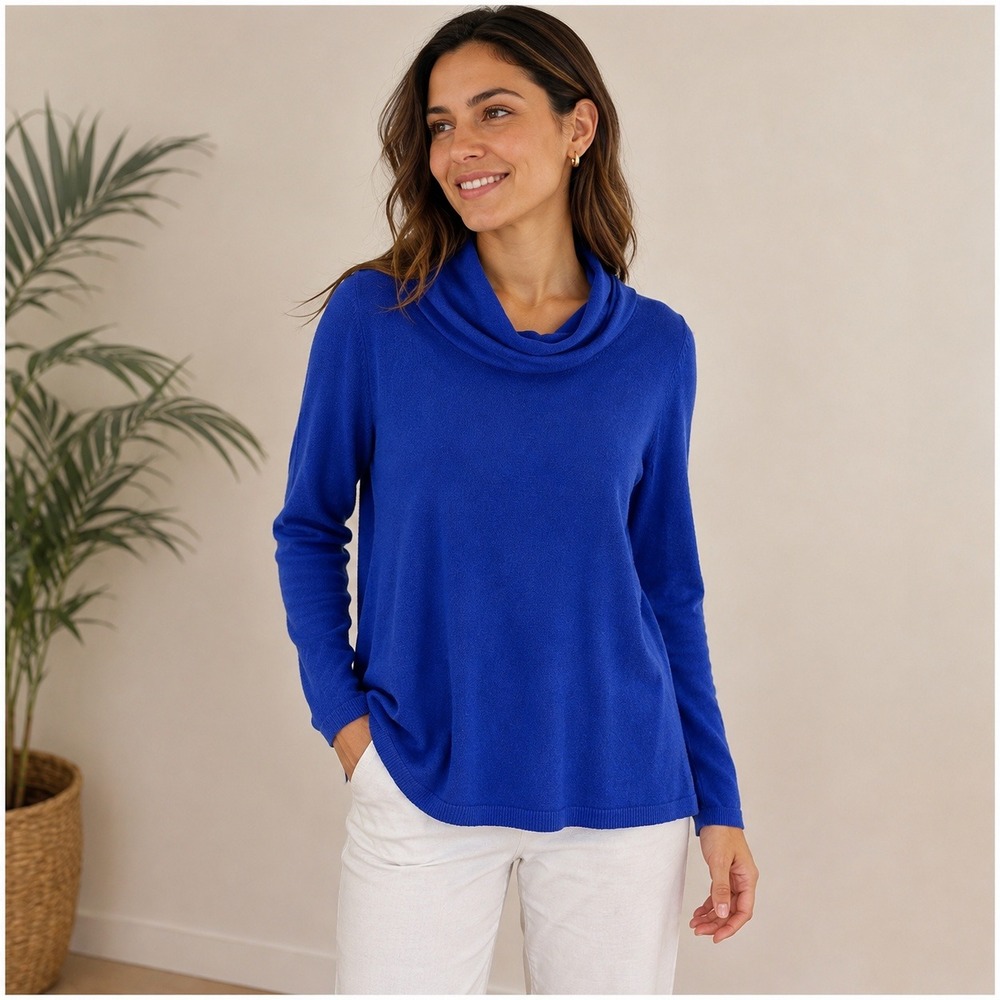 Chicos Royal Blue Cowl Neck Asymmetrical Hem Knit Sweater Womens Size 1 M